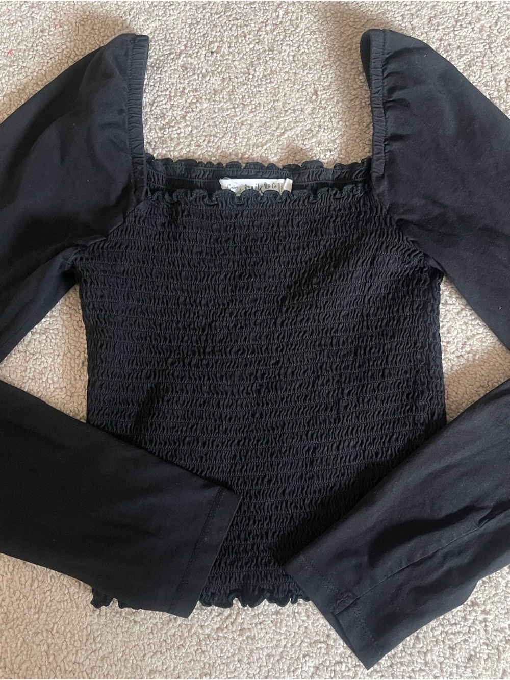 Black Smocked Square-Neck Long Sleeve Top